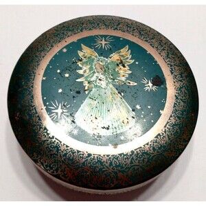 Angel Tin Teal and Gold 5 Inch Diameter 2  Inch Height Trinket Jewelry Catch All